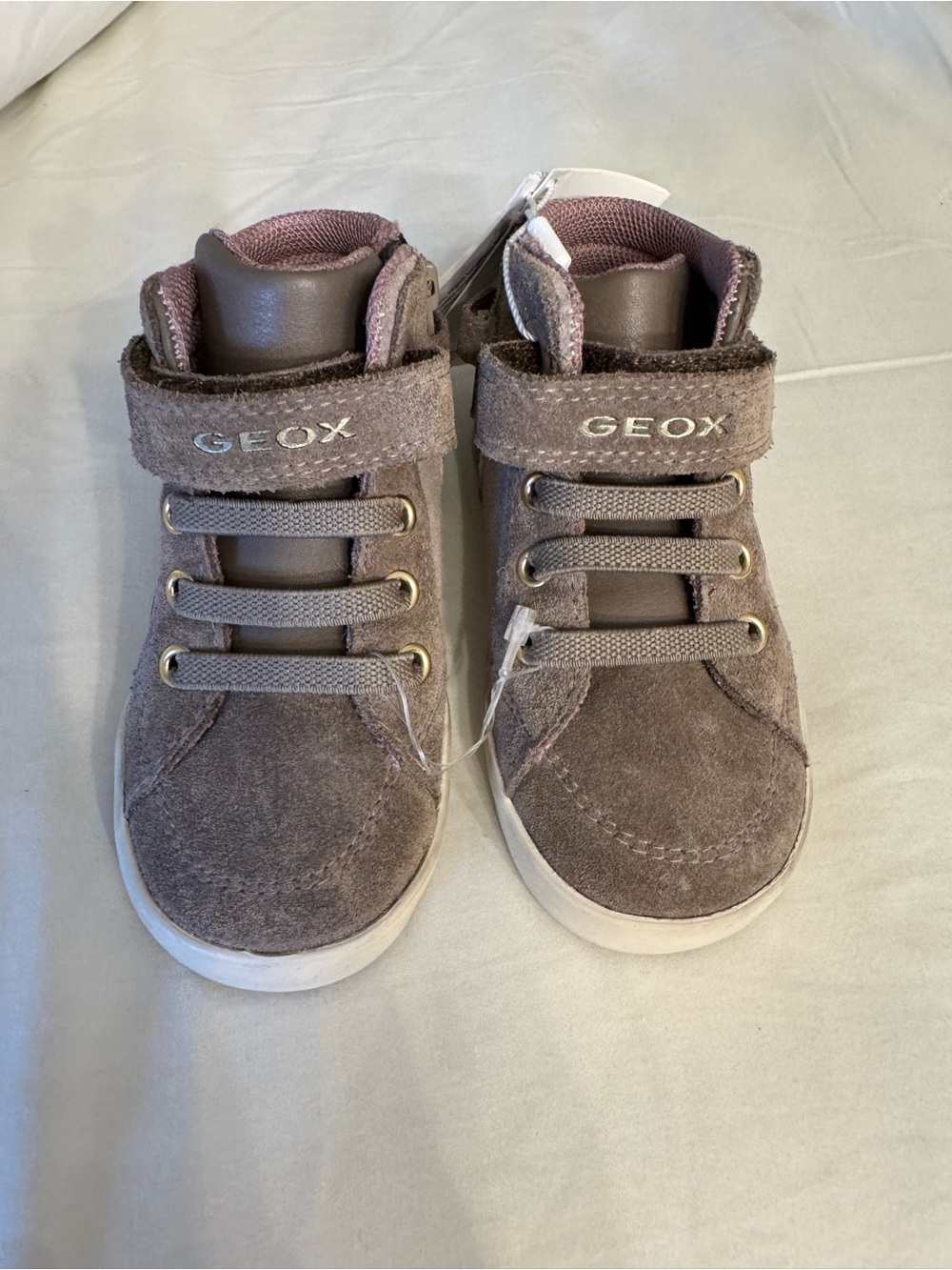 Geox Kids Taupe Suede High-Top Sneakers with Hook-and-Loop Strap